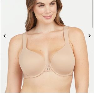 Spanx brallelujah tan 34 DD comfort bra used clasp front crisscross back